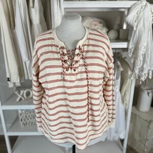 Maurice's Women's Size XL Red and Cream Stripe Lace Up Pullover Sweater #3486